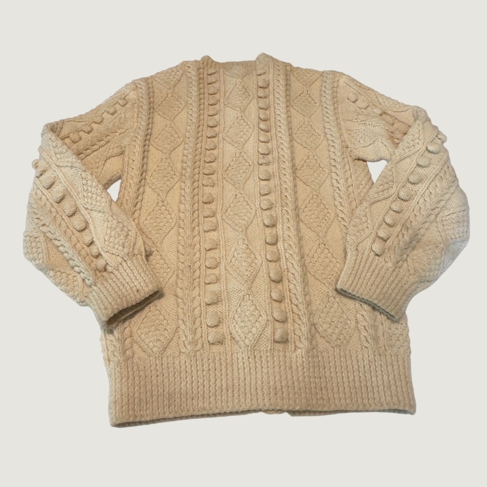 Theresa Farren Hand Knit Wool Aran Cardigan Cream Cable Bobble Fisherman Sweater - Picture 10 of 11